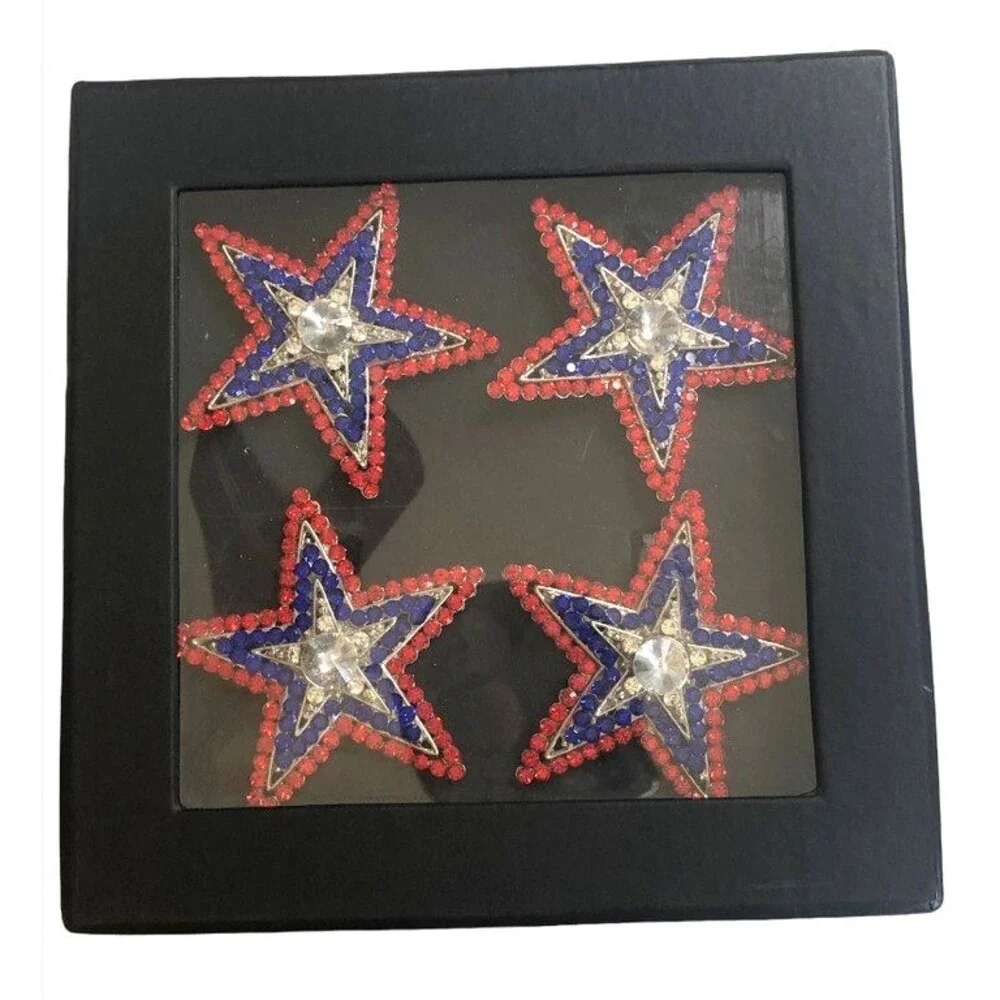 Patriotic July 4th Napkin Rings Red White Blue Silver Star Rhinestone Set of 4
